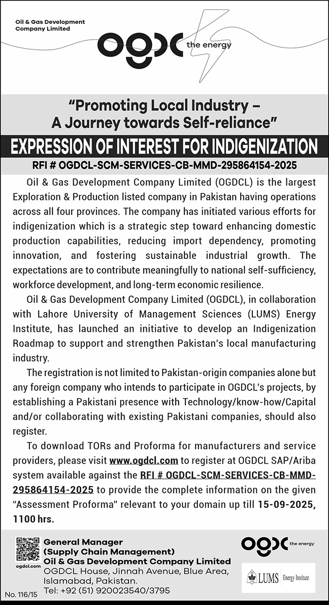 Oil & Gas Development Company Limited Islamabad Tender Notice